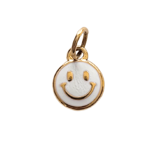 Charms rond en acier inoxydable avec smiley sur fond blanc, résistant à l’eau.