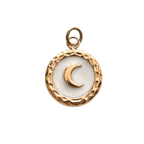 Charms rond en acier inoxydable avec motif lune, résistant à l’eau."
