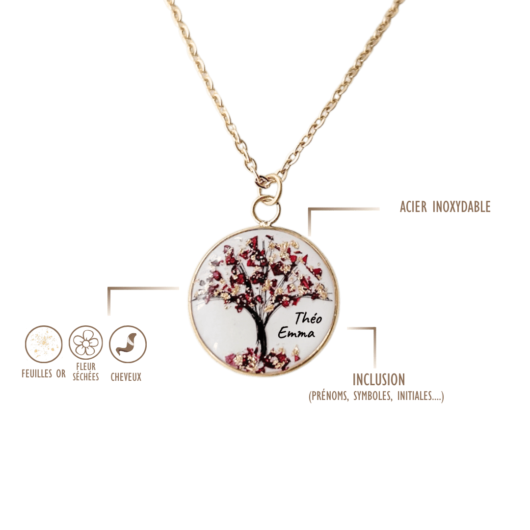 Collier en acier inoxydable et résine, arbre formé avec cheveux d’enfant et fleurs séchées, personnalisable avec prénoms, initiales, date ou symboles."