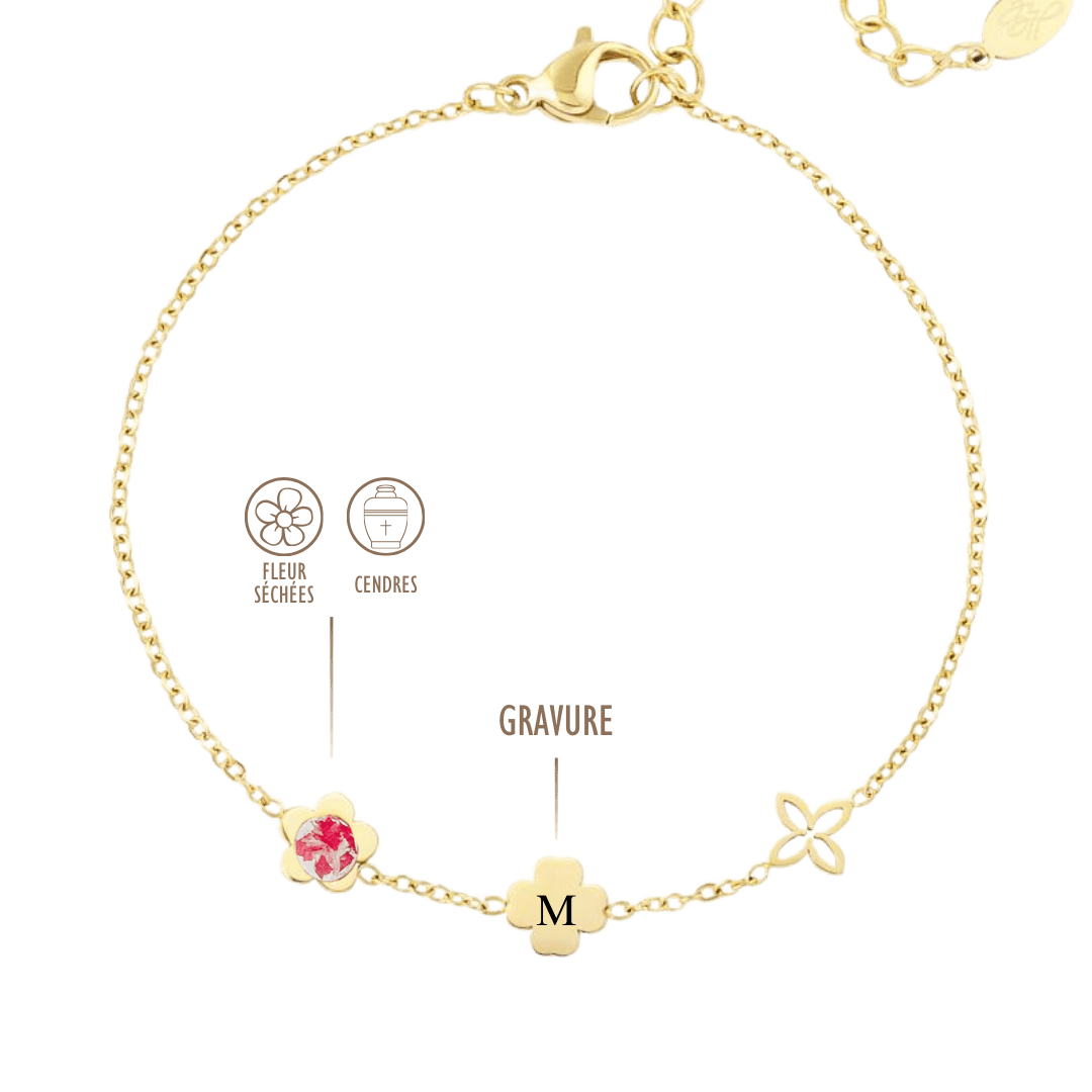 Bracelet en acier inoxydable et résine, personnalisable avec la gravure d’une initiale sur le trèfle et la fleur, Possibilité d’ajouter des fleurs séchées ou des cendres."