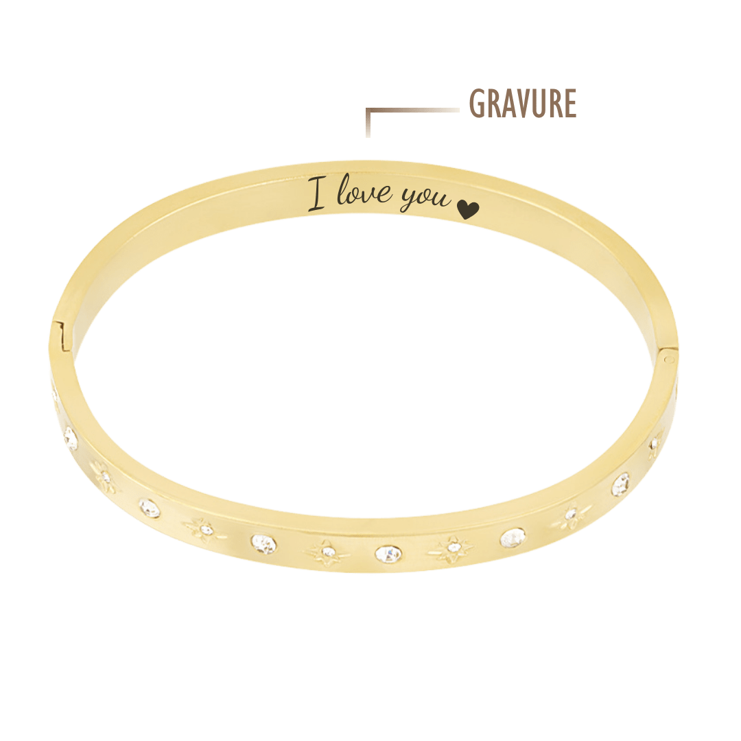 Jonc en acier inoxydable avec zircon, personnalisable avec la gravure d’un texte, d’une date ou d’un symbole