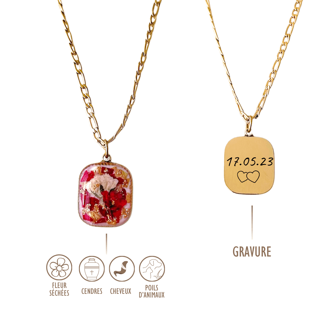 "Collier avec pendentif rectangulaire en acier inoxydable, personnalisable avec des fleurs séchées sur le devant et une gravure personnalisée au dos (texte, initiales, symboles ou date). Un bijou unique idéal pour un mariage, une commémoration ou un souvenir spécial.