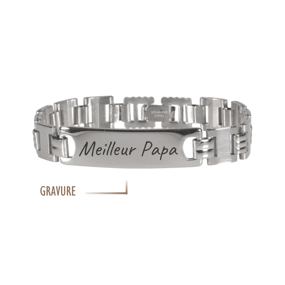 Gourmette en acier inoxydable pour homme, personnalisable avec la gravure d’un texte, d’une date ou d’un symbole.