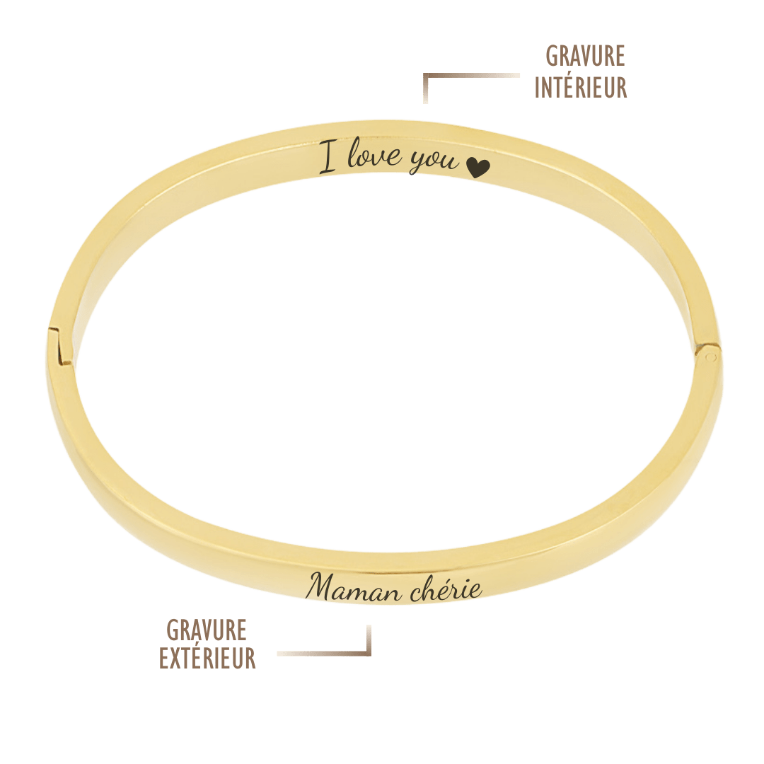 Jonc en acier inoxydable personnalisable avec la gravure d’un texte, d’une date ou d’un symbole.