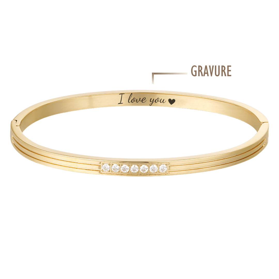 Jonc en acier inoxydable avec zircon, personnalisable avec la gravure d’un texte, d’une date ou d’un symbole