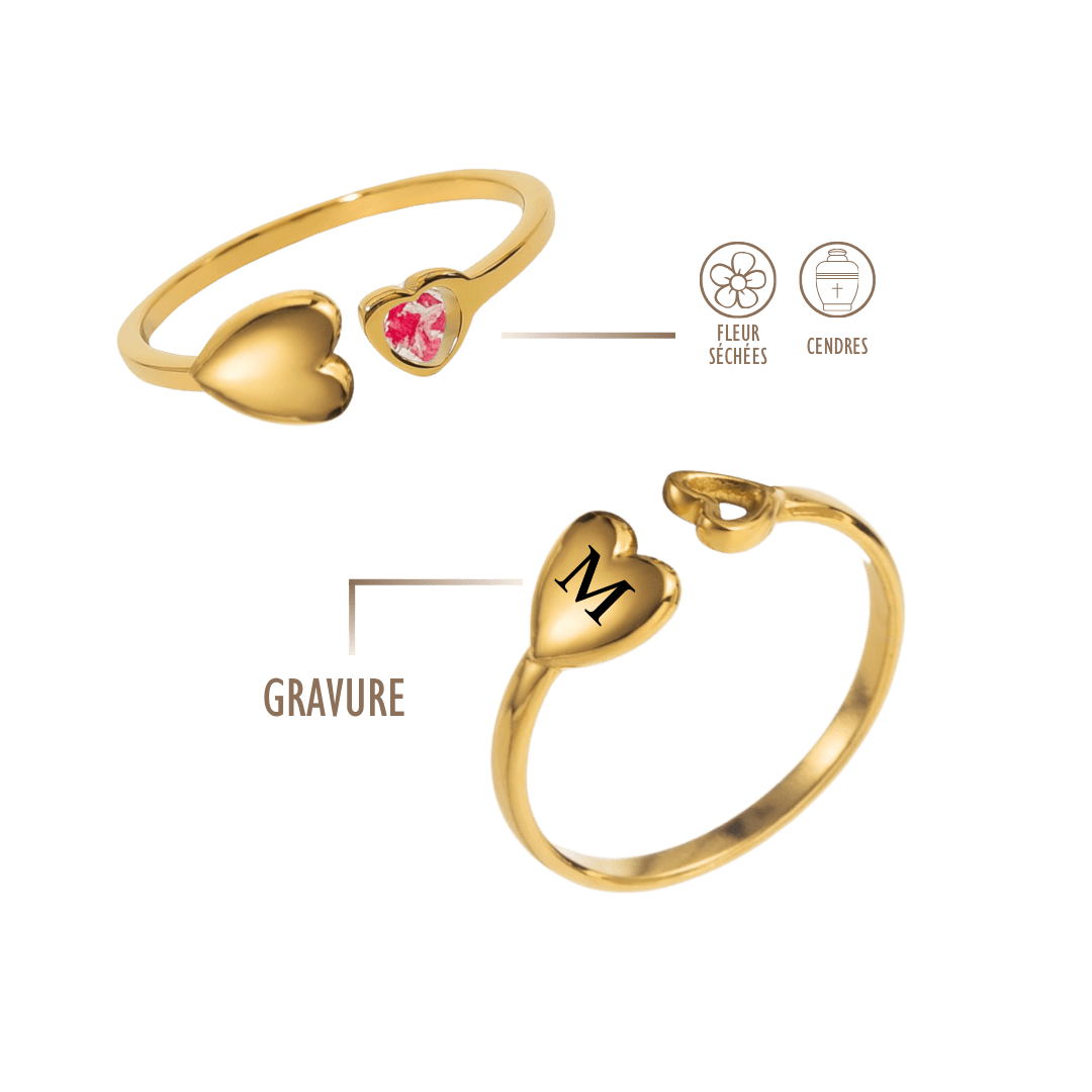 Bague en acier inoxydable avec un cœur gravable et un cœur vide personnalisable avec fleurs séchées ou cendres. Taille réglable.