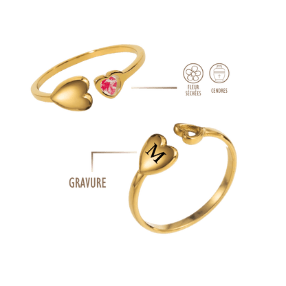 Bague en acier inoxydable avec un cœur gravable et un cœur vide personnalisable avec fleurs séchées ou cendres. Taille réglable.