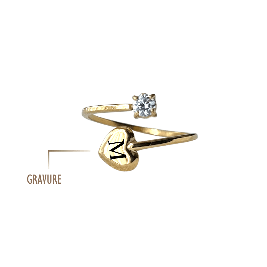 Bague réglable en acier inoxydable avec zircon et cœur, personnalisable avec la gravure d’une initiale