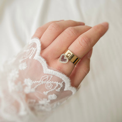 Bague en acier inoxydable avec strass et breloque cœur, personnalisable avec fleurs séchées ou cendres
