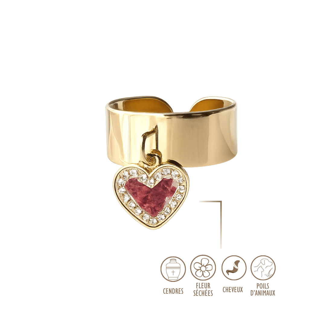 Bague en acier inoxydable avec strass et breloque cœur, personnalisable avec fleurs séchées ou cendres
