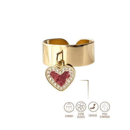 Bague en acier inoxydable avec strass et breloque cœur, personnalisable avec fleurs séchées ou cendres
