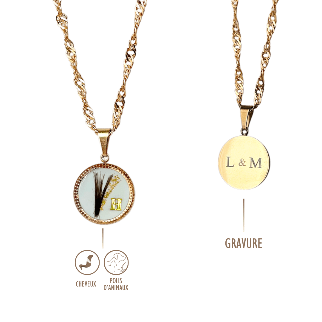Collier rond en acier inoxydable et résine, diamètre 1,5 cm, personnalisable avec cheveux, poils d’animaux ou cendres. Possibilité d’ajouter initiales, feuille d’or, gravure de texte, symbole ou photo au dos