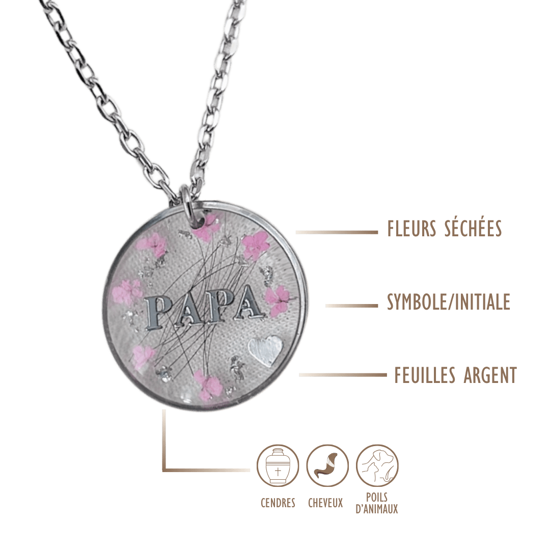 Collier souvenir  – Pendentif personnalisable en acier inoxydable et résine pour cheveux, cendres ou poils d’animaux