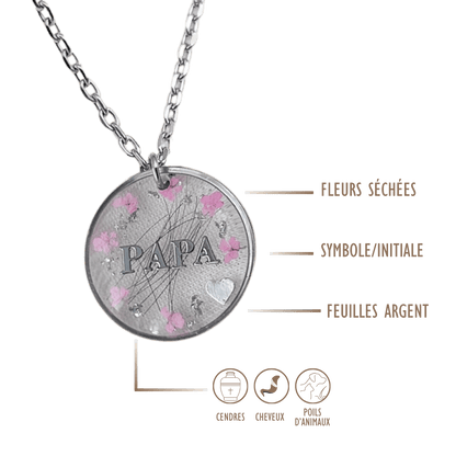 Collier souvenir  – Pendentif personnalisable en acier inoxydable et résine pour cheveux, cendres ou poils d’animaux